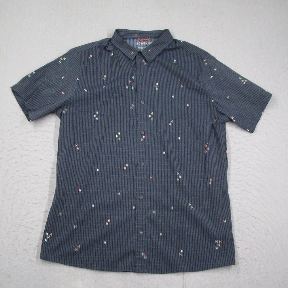 Roark Men L Blue Tactel Nylon Button Down Shirt Geometric Short Sleeve Stretch